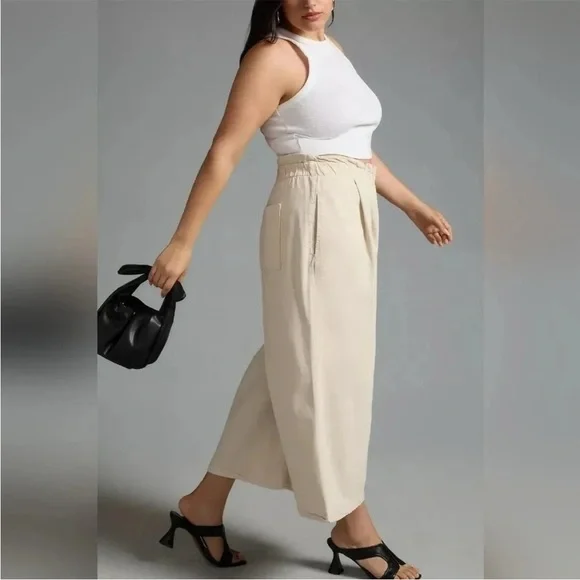 Anthropologie Pilcro High-Rise Cropped Wide Leg Paperbag Jeans Cream XL - Picture 2 of 11